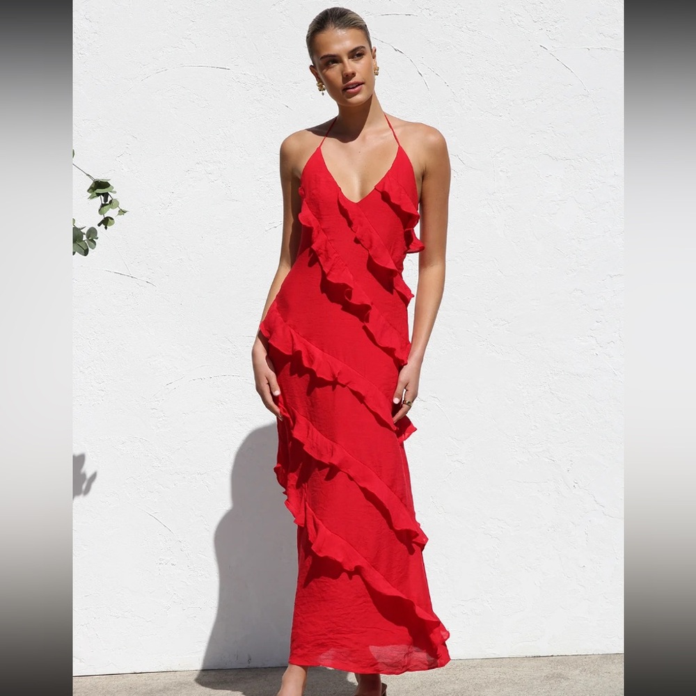 Red Asymmetrical Ruffled Halter Maxi Dress